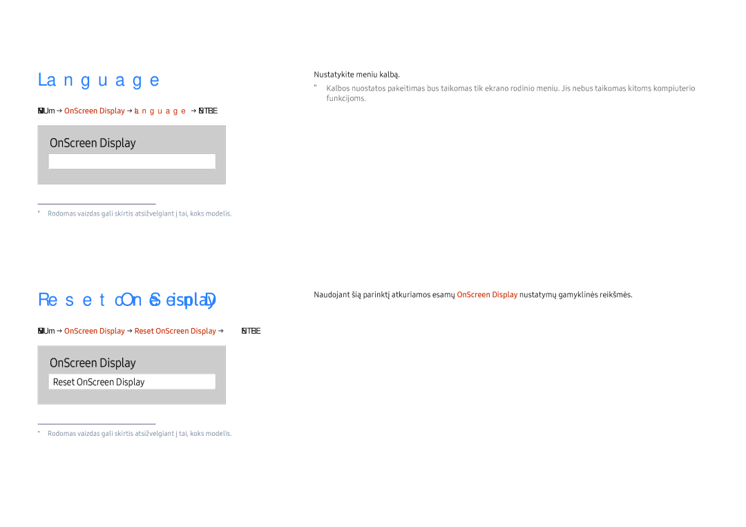 Samsung LH65QBHRTBC/EN, LH75QBHRTBC/EN manual Reset OnScreen Display, Menu m→ OnScreen Display → Language → Enter E 