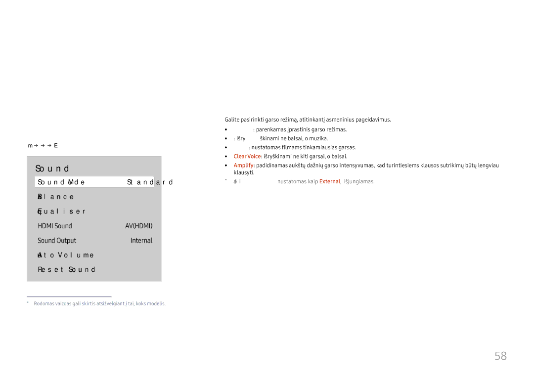 Samsung LH75QBHRTBC/EN, LH65QBHRTBC/EN manual Garso nustatymas, Menu m→ Sound → Sound Mode → Enter E 