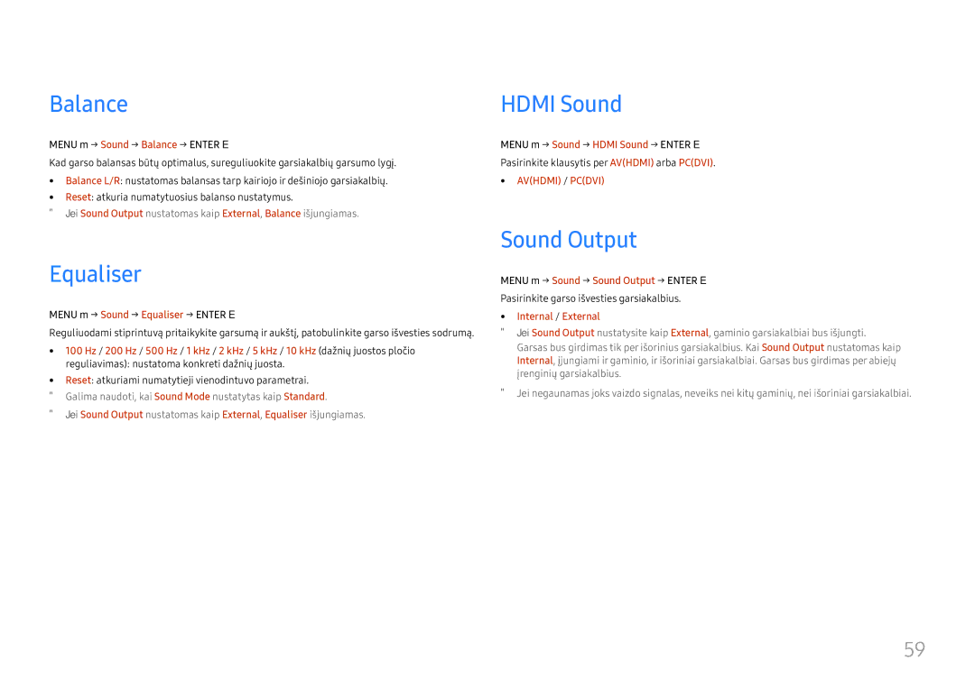 Samsung LH65QBHRTBC/EN, LH75QBHRTBC/EN manual Balance, Equaliser, Hdmi Sound, Sound Output 