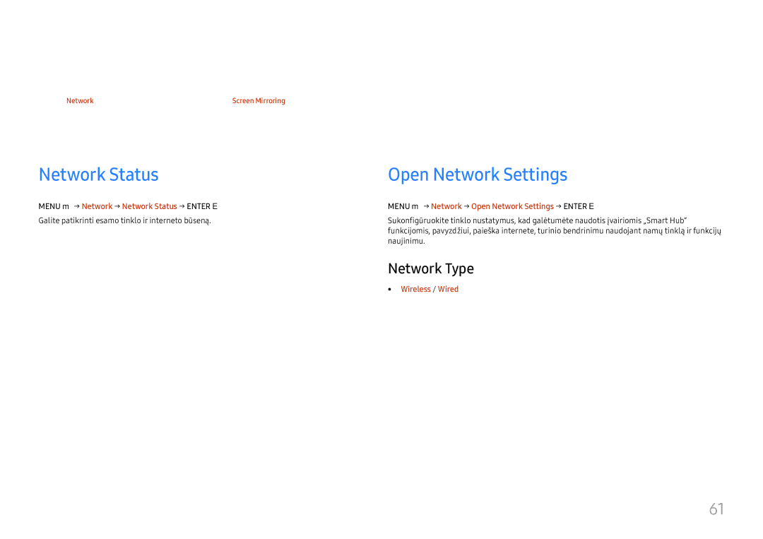 Samsung LH65QBHRTBC/EN, LH75QBHRTBC/EN manual Network Status, Open Network Settings, Network Type 