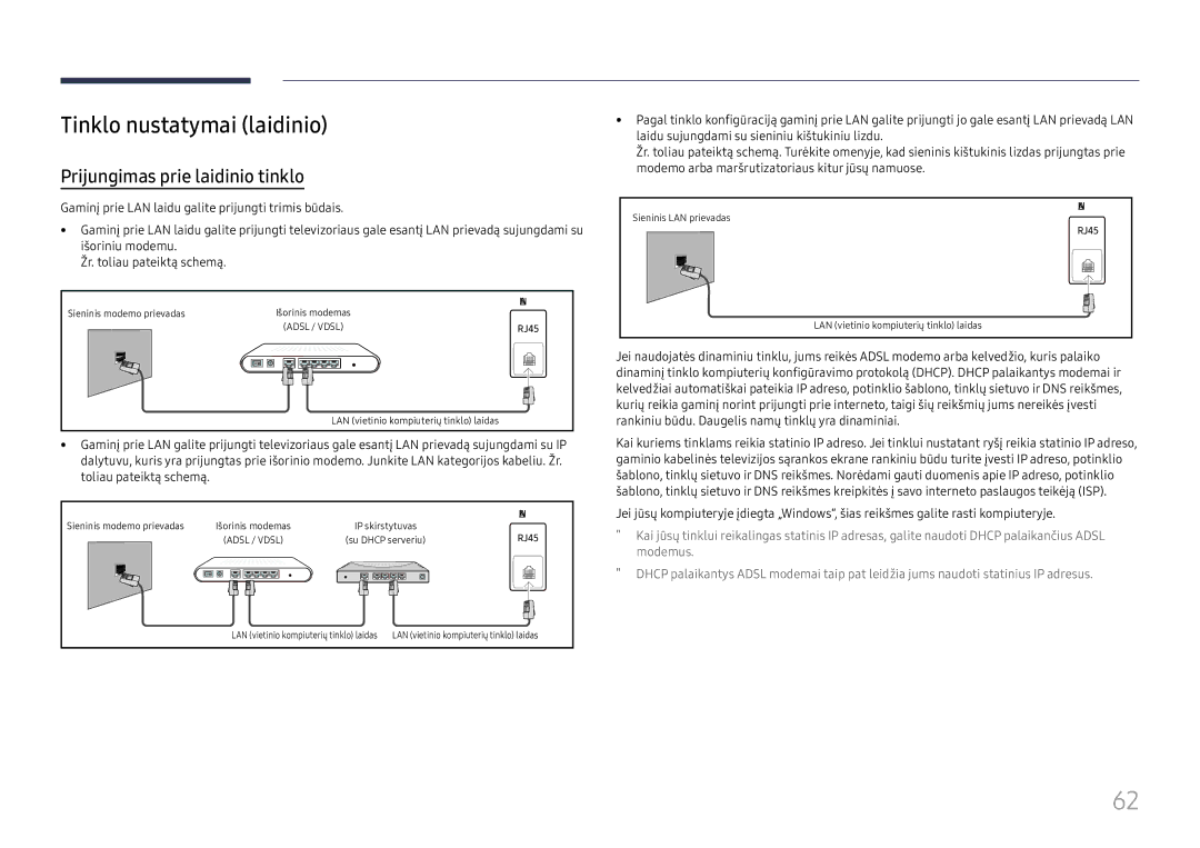 Samsung LH75QBHRTBC/EN, LH65QBHRTBC/EN manual Tinklo nustatymai laidinio, Prijungimas prie laidinio tinklo 