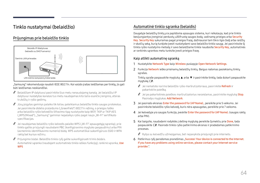 Samsung LH75QBHRTBC/EN Tinklo nustatymai belaidžio, Prijungimas prie belaidžio tinklo, Automatinė tinklo sąranka belaidis 