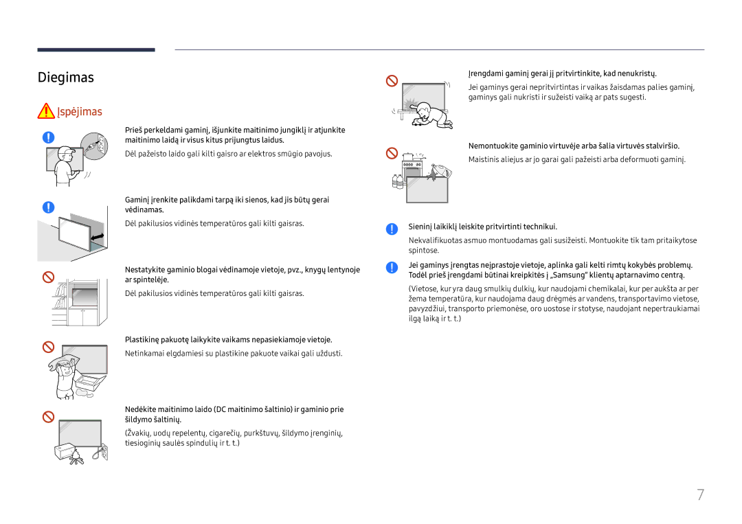 Samsung LH65QBHRTBC/EN, LH75QBHRTBC/EN manual Diegimas, Dėl pakilusios vidinės temperatūros gali kilti gaisras 