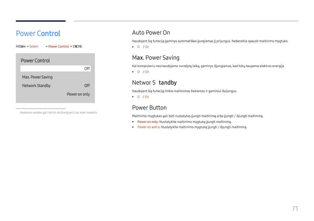 Samsung LH65QBHRTBC/EN, LH75QBHRTBC/EN manual Power Control, Auto Power On, Max. Power Saving, Network Standby, Power Button 