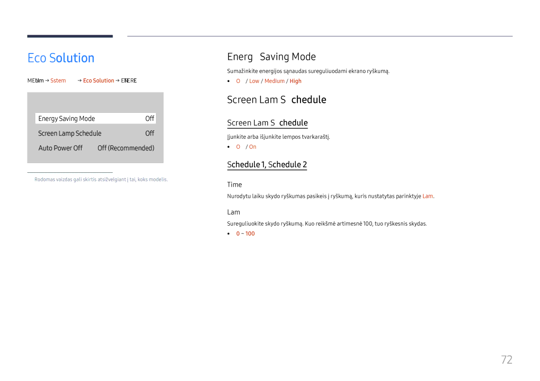 Samsung LH75QBHRTBC/EN, LH65QBHRTBC/EN manual Eco Solution, Energy Saving Mode, Screen Lamp Schedule 