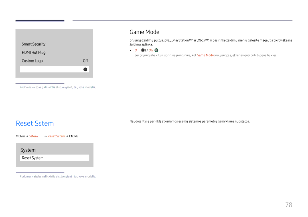 Samsung LH75QBHRTBC/EN, LH65QBHRTBC/EN manual Game Mode, Menu m→ System → Reset System → Enter E 