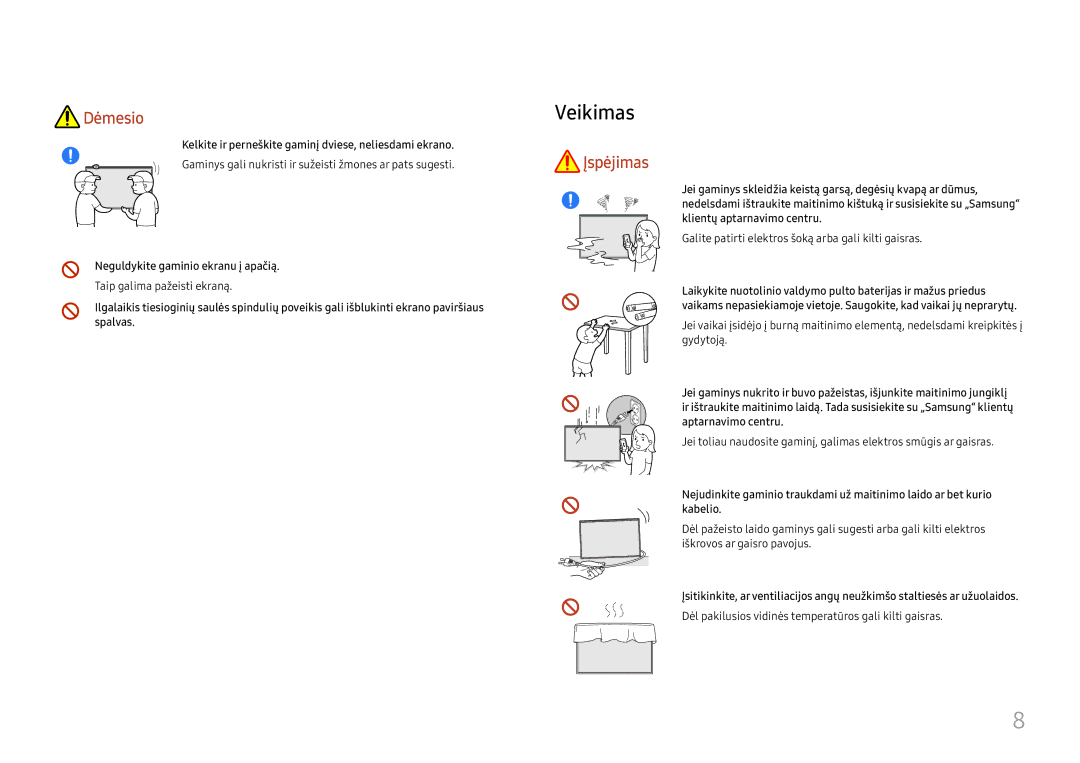 Samsung LH75QBHRTBC/EN manual Veikimas, Kelkite ir perneškite gaminį dviese, neliesdami ekrano, Taip galima pažeisti ekraną 