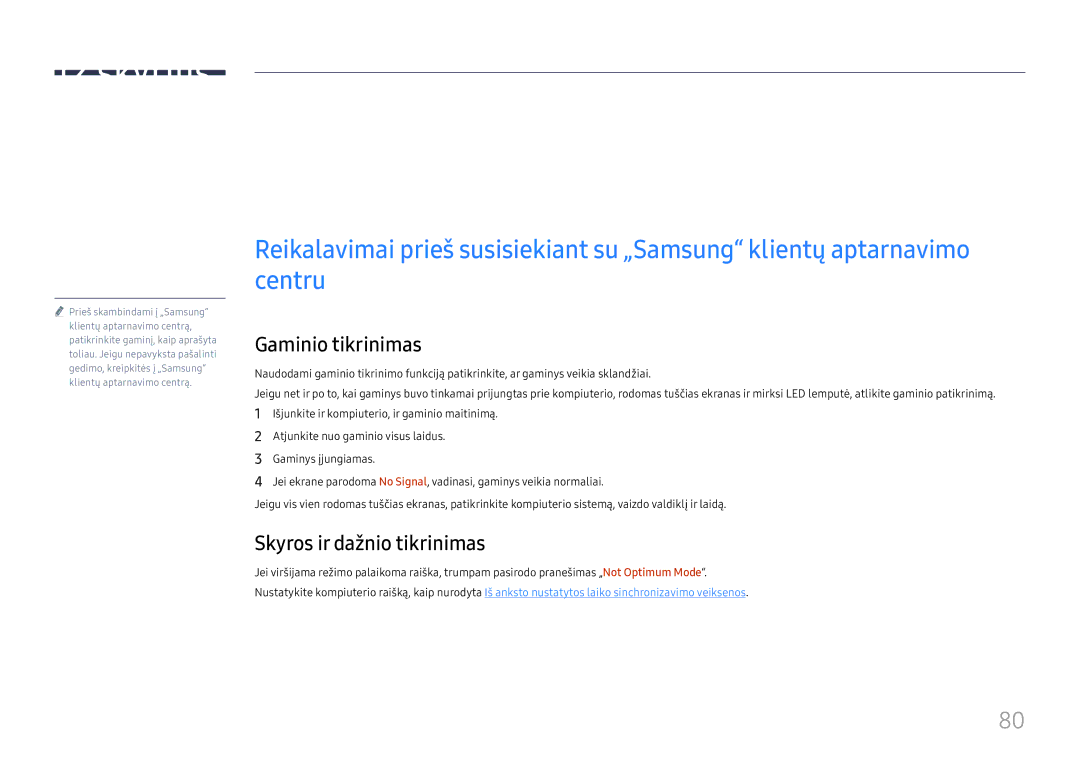 Samsung LH75QBHRTBC/EN manual Gedimų nustatymo ir šalinimo instrukcija, Gaminio tikrinimas, Skyros ir dažnio tikrinimas 