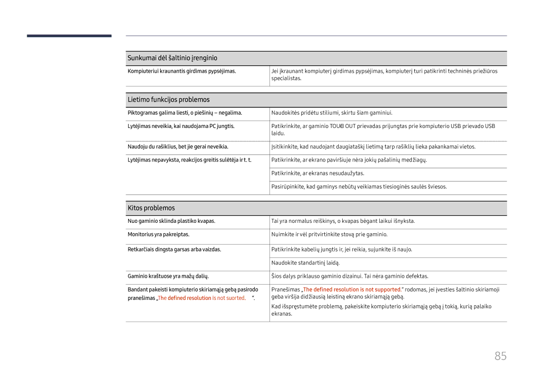 Samsung LH65QBHRTBC/EN, LH75QBHRTBC/EN manual Sunkumai dėl šaltinio įrenginio, Lietimo funkcijos problemos, Kitos problemos 