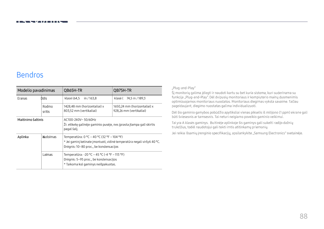 Samsung LH75QBHRTBC/EN, LH65QBHRTBC/EN manual Specifikacijos, Bendros, Modelio pavadinimas 