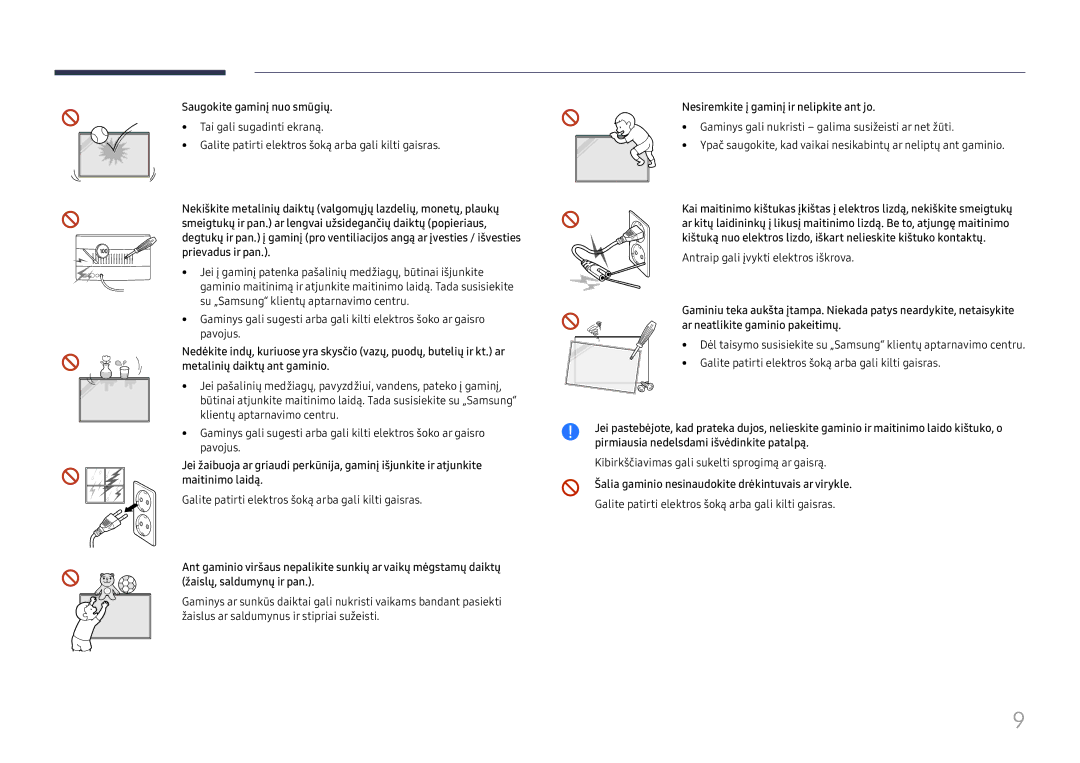 Samsung LH65QBHRTBC/EN, LH75QBHRTBC/EN manual Saugokite gaminį nuo smūgių, Nesiremkite į gaminį ir nelipkite ant jo 