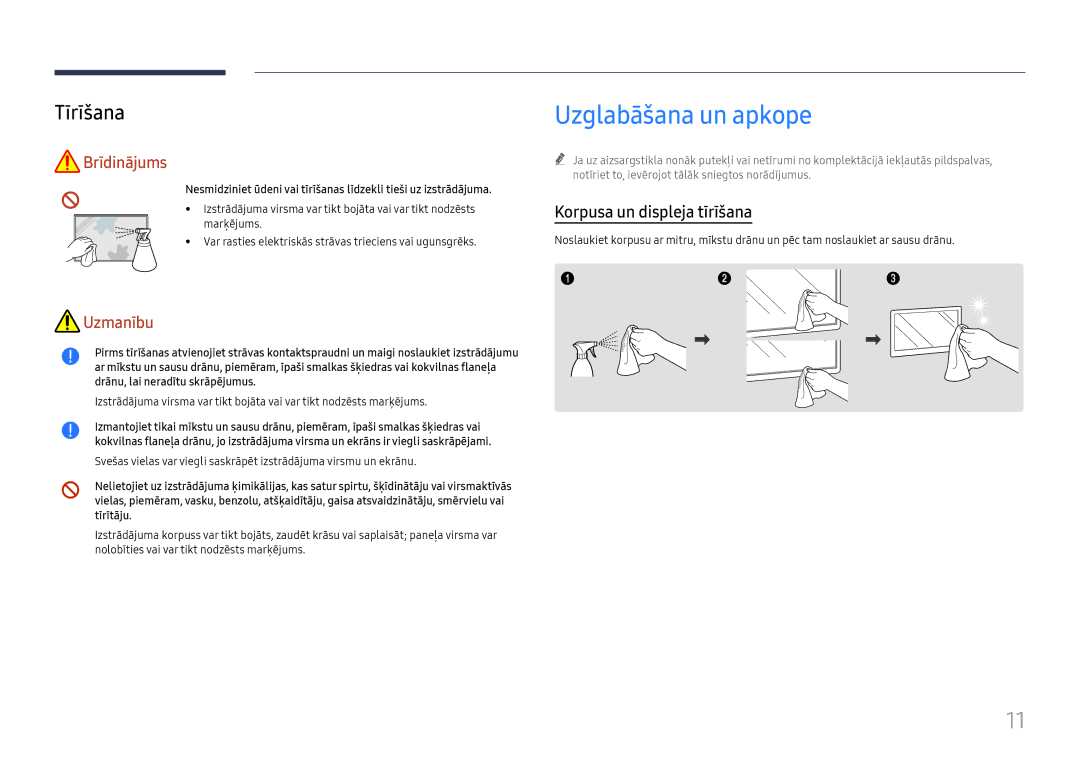 Samsung LH65QBHRTBC/EN, LH75QBHRTBC/EN manual Uzglabāšana un apkope, Tīrīšana, Korpusa un displeja tīrīšana 