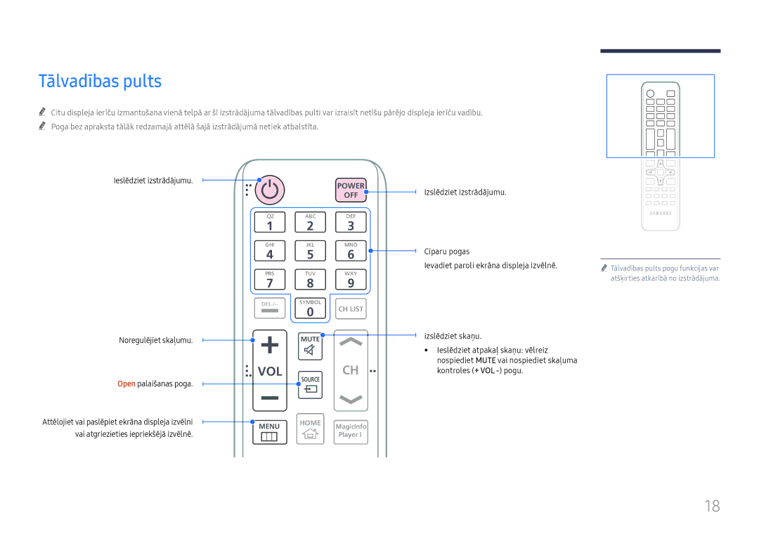 Samsung LH75QBHRTBC/EN, LH65QBHRTBC/EN manual Tālvadības pults, Ieslēdziet izstrādājumu Noregulējiet skaļumu 