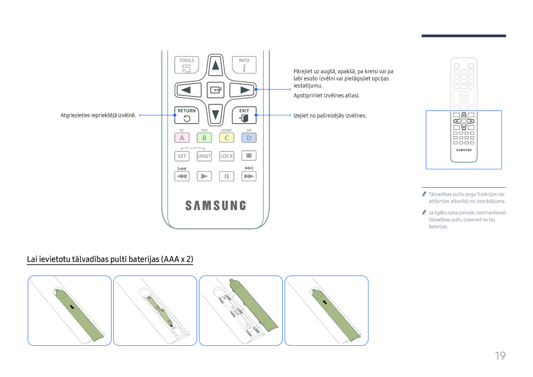 Samsung LH65QBHRTBC/EN, LH75QBHRTBC/EN Lai ievietotu tālvadības pultī baterijas AAA x, Atgriezieties iepriekšējā izvēlnē 