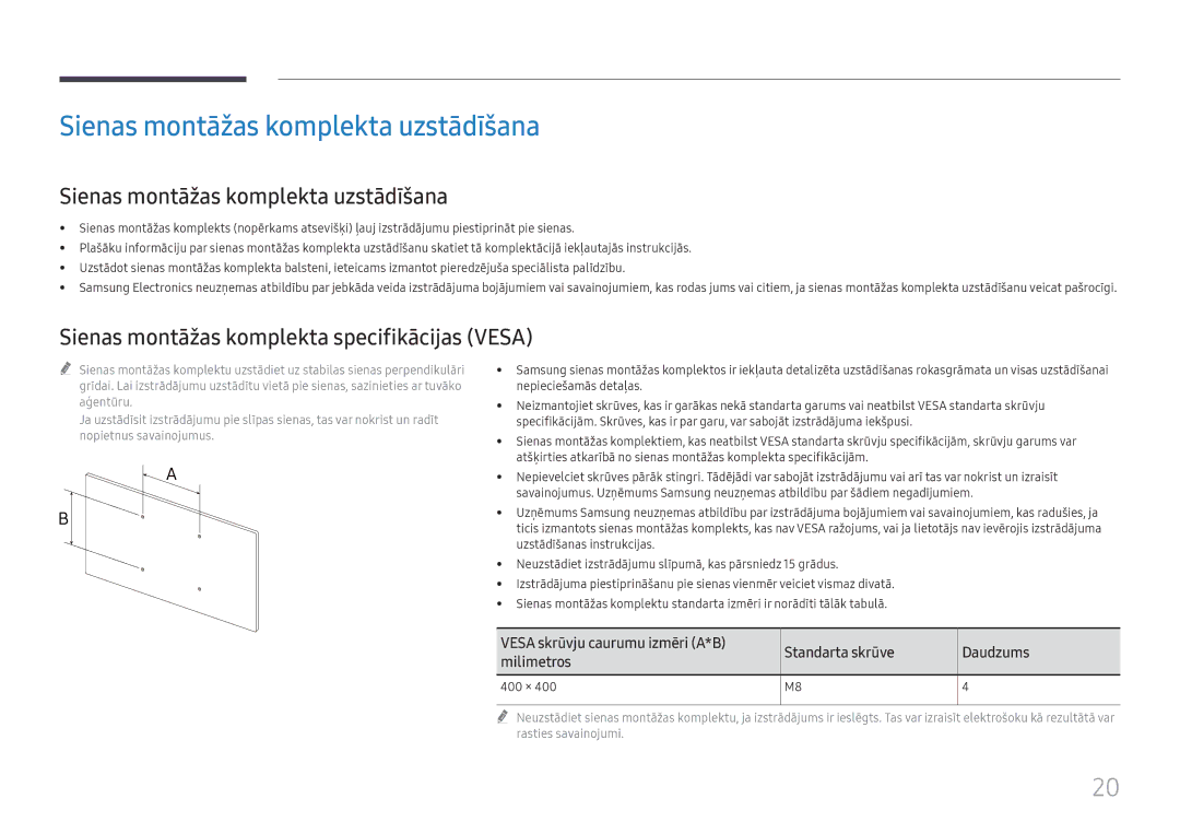 Samsung LH75QBHRTBC/EN manual Sienas montāžas komplekta uzstādīšana, Sienas montāžas komplekta specifikācijas Vesa, 400 × 