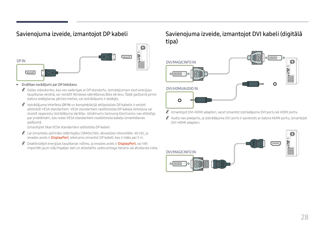 Samsung LH75QBHRTBC/EN manual Savienojuma izveide, izmantojot DP kabeli, Tipa, Drošības norādījumi par DP lietošanu 