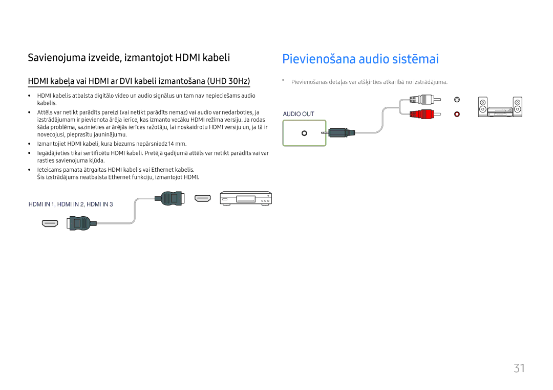 Samsung LH65QBHRTBC/EN manual Pievienošana audio sistēmai, Hdmi kabeļa vai Hdmi ar DVI kabeli izmantošana UHD 30Hz 