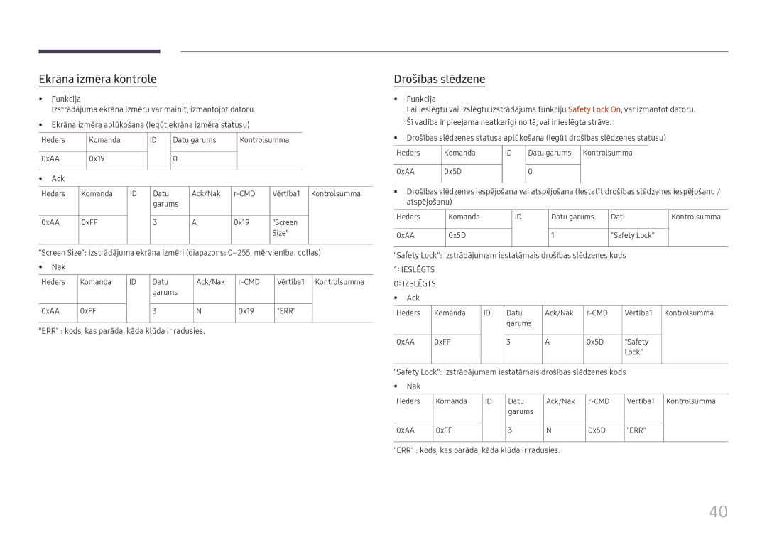 Samsung LH75QBHRTBC/EN manual Ekrāna izmēra kontrole, Drošības slēdzene, ERR kods, kas parāda, kāda kļūda ir radusies 