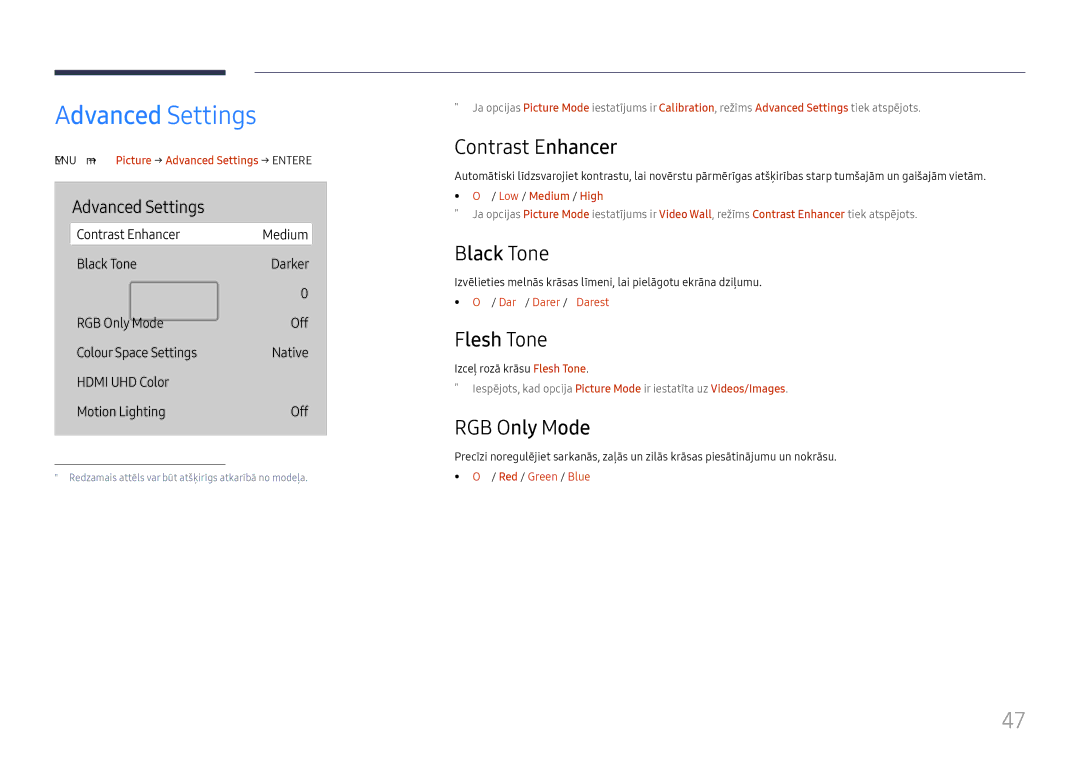 Samsung LH65QBHRTBC/EN, LH75QBHRTBC/EN manual Advanced Settings, Contrast Enhancer, Black Tone, Flesh Tone, RGB Only Mode 
