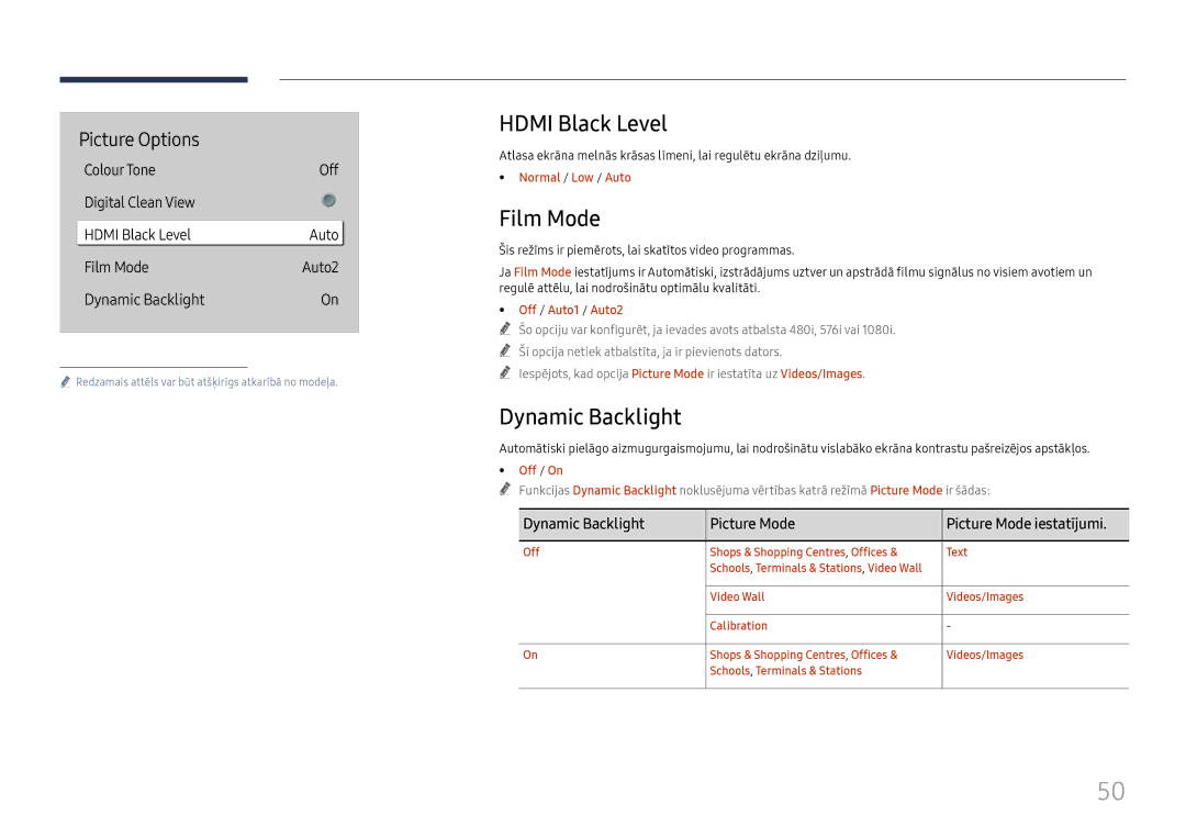 Samsung LH75QBHRTBC/EN, LH65QBHRTBC/EN manual Hdmi Black Level, Film Mode, Dynamic Backlight Picture Mode 
