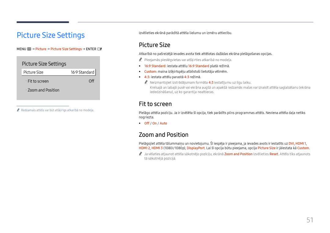 Samsung LH65QBHRTBC/EN, LH75QBHRTBC/EN manual Picture Size Settings, Fit to screen, Zoom and Position 