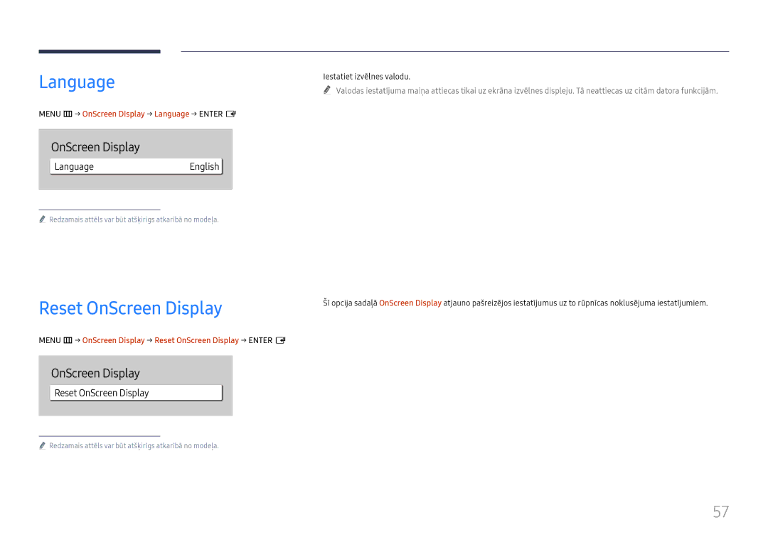 Samsung LH65QBHRTBC/EN, LH75QBHRTBC/EN manual Reset OnScreen Display, Menu m→ OnScreen Display → Language → Enter E 