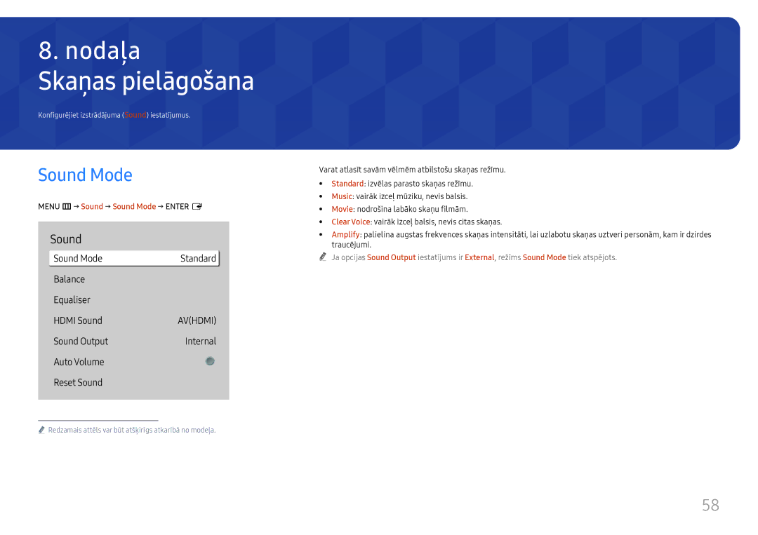 Samsung LH75QBHRTBC/EN, LH65QBHRTBC/EN manual Skaņas pielāgošana, Menu m→ Sound → Sound Mode → Enter E 