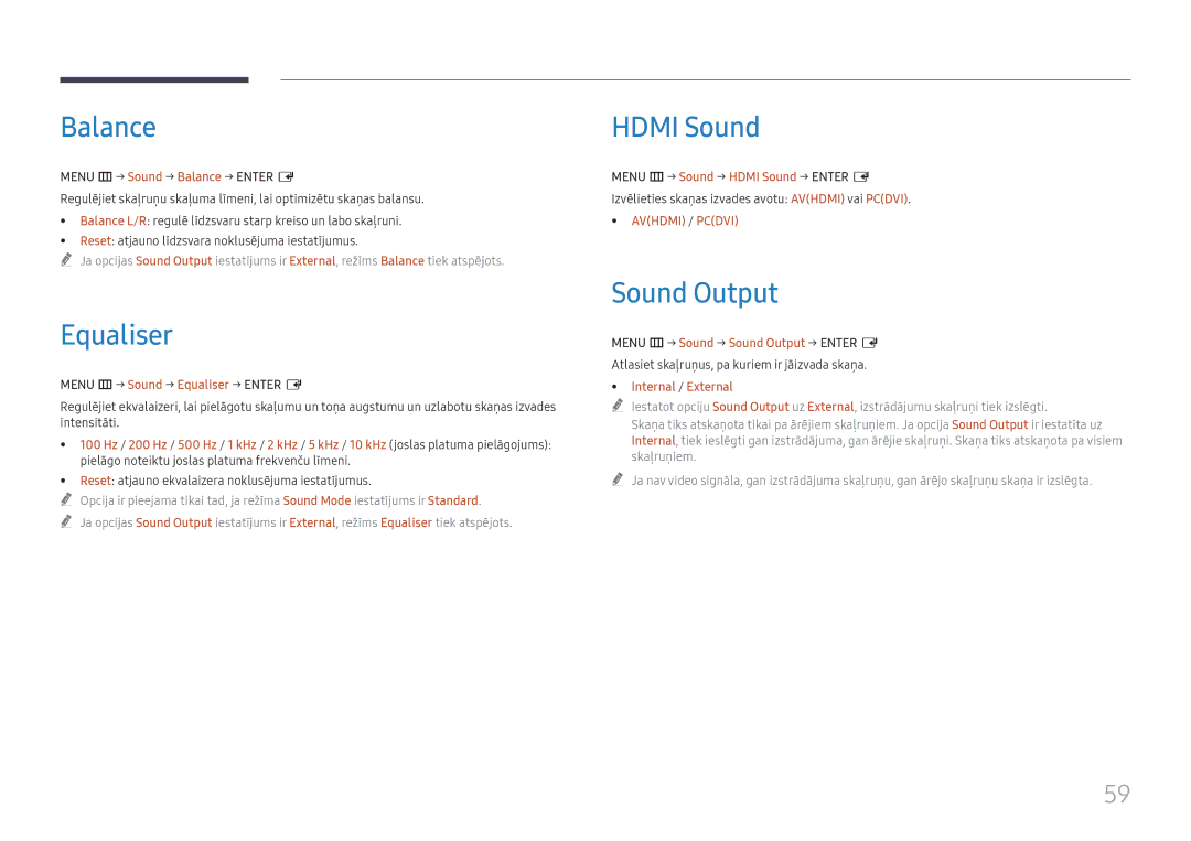 Samsung LH65QBHRTBC/EN, LH75QBHRTBC/EN manual Balance, Equaliser, Hdmi Sound, Sound Output 