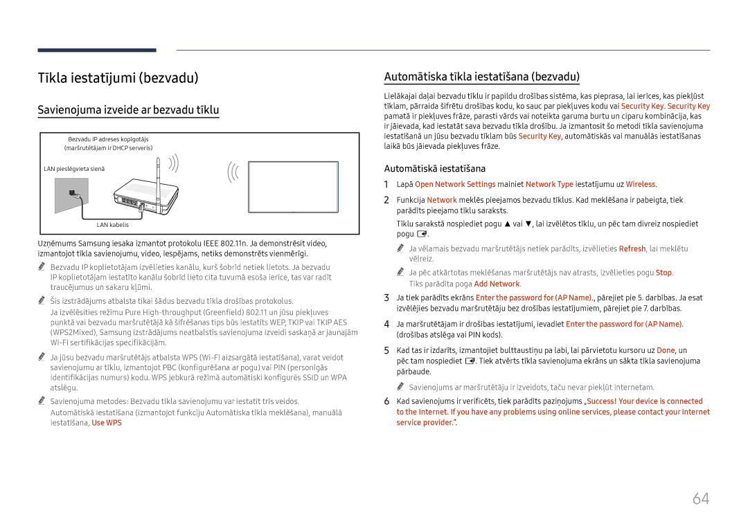 Samsung LH75QBHRTBC/EN, LH65QBHRTBC/EN manual Tīkla iestatījumi bezvadu, Savienojuma izveide ar bezvadu tīklu 