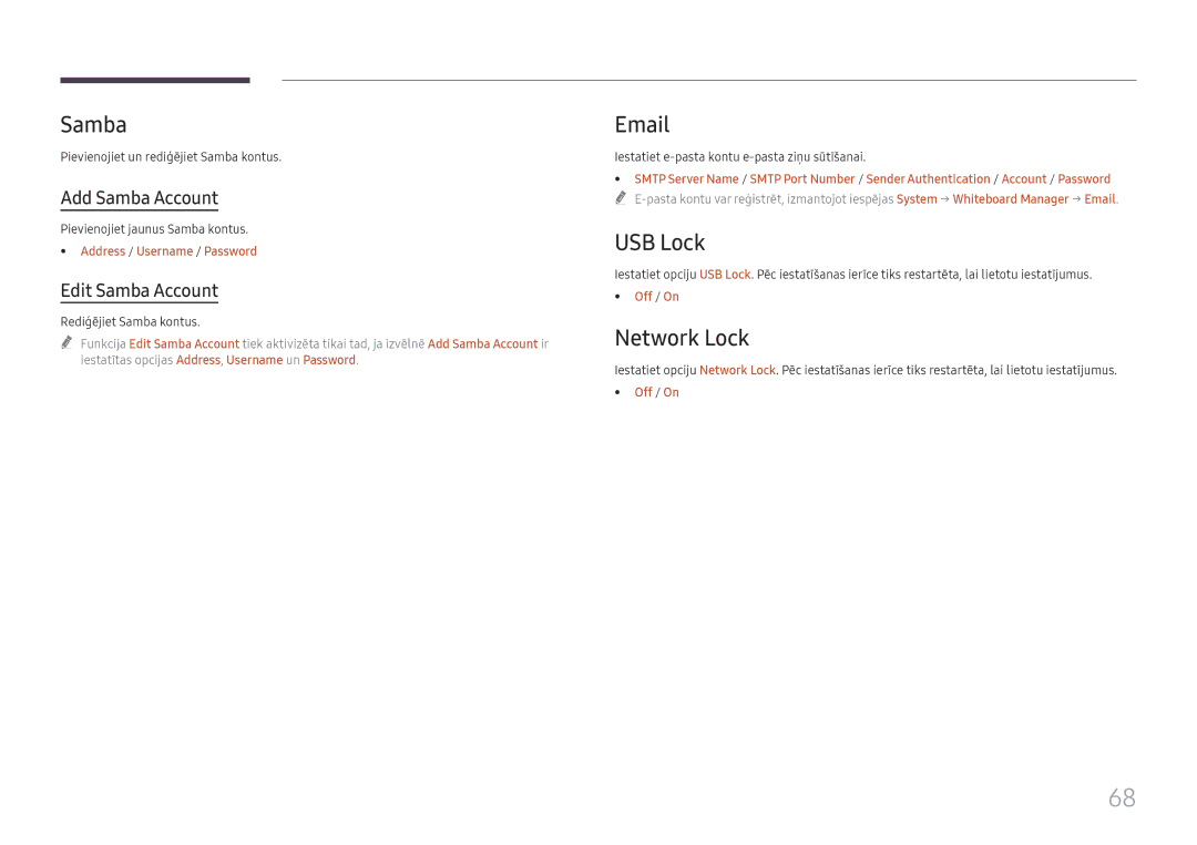 Samsung LH75QBHRTBC/EN, LH65QBHRTBC/EN manual USB Lock, Network Lock, Add Samba Account, Edit Samba Account 