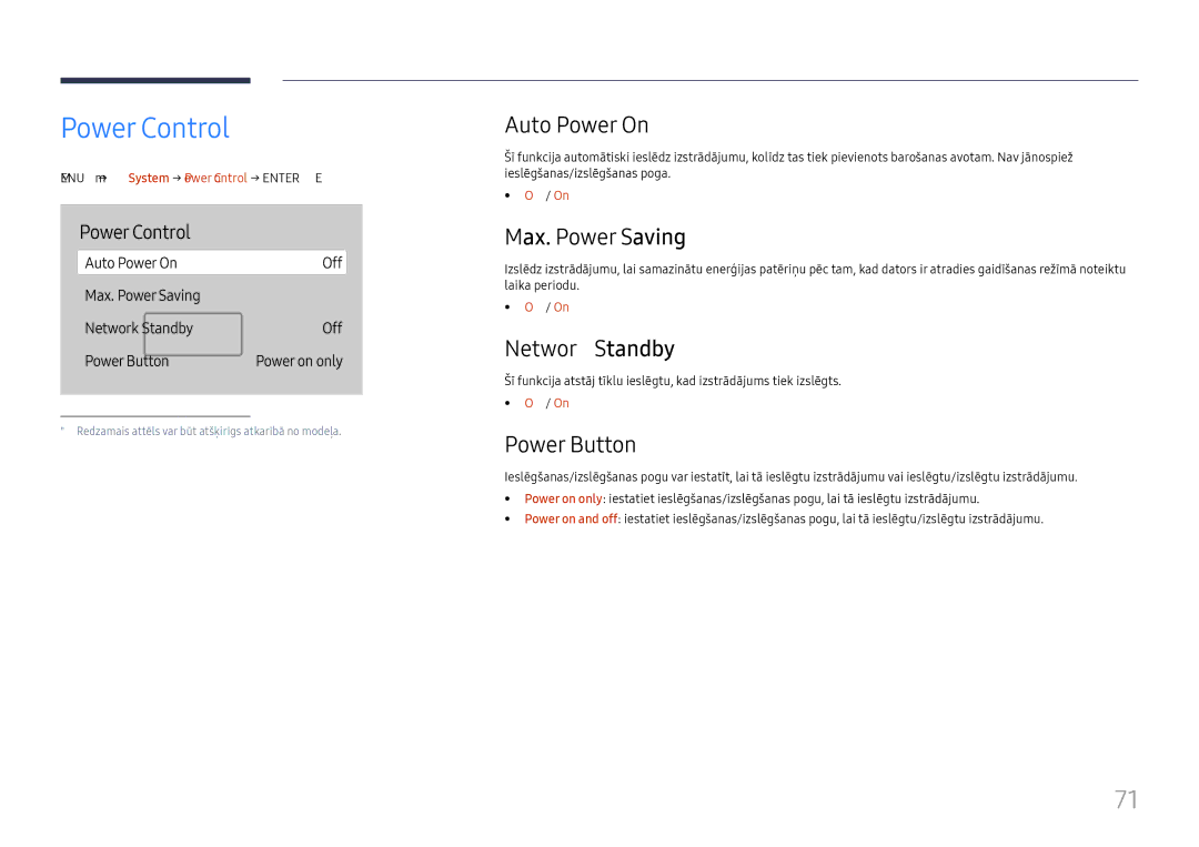 Samsung LH65QBHRTBC/EN, LH75QBHRTBC/EN manual Power Control, Auto Power On, Max. Power Saving, Network Standby, Power Button 