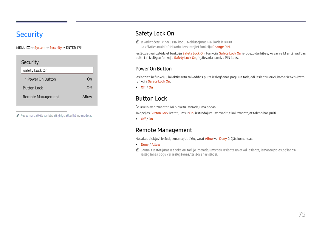 Samsung LH65QBHRTBC/EN, LH75QBHRTBC/EN manual Security, Safety Lock On, Button Lock, Remote Management 