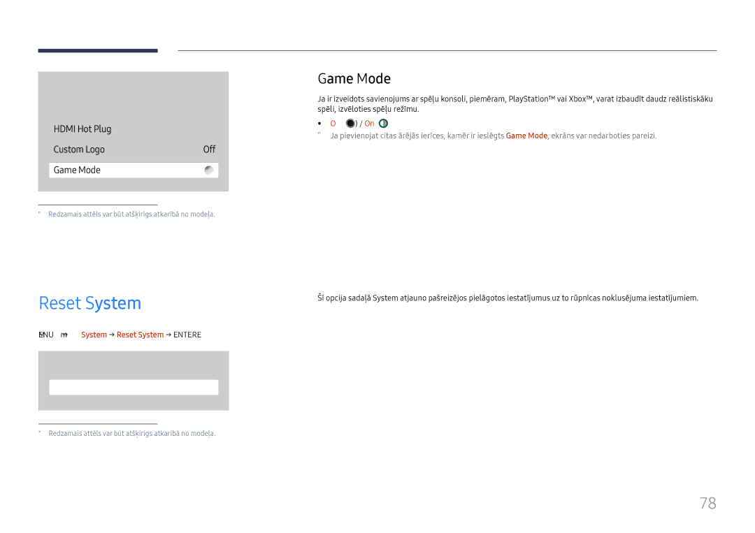 Samsung LH75QBHRTBC/EN, LH65QBHRTBC/EN manual Game Mode, Menu m→ System → Reset System → Enter E 