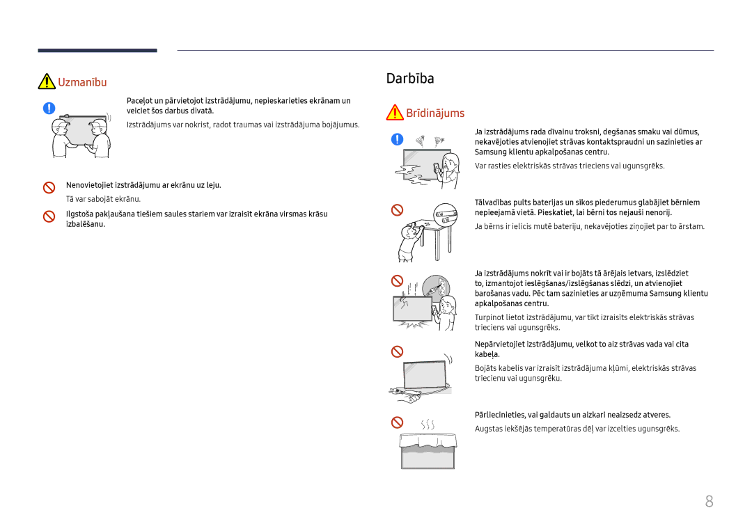 Samsung LH75QBHRTBC/EN, LH65QBHRTBC/EN manual Darbība, Nenovietojiet izstrādājumu ar ekrānu uz leju, Tā var sabojāt ekrānu 