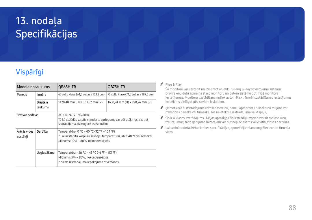 Samsung LH75QBHRTBC/EN, LH65QBHRTBC/EN manual Specifikācijas, Vispārīgi, Modeļa nosaukums 