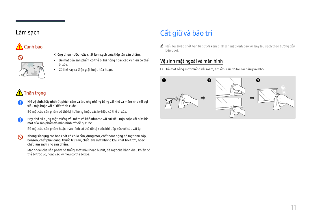 Samsung LH75QBHRTBC/XV manual Cất giữ và̀ bảo trì, Làm sạch, Vệ sinh mặ̣t ngoà̀i và̀ mà̀n hình 