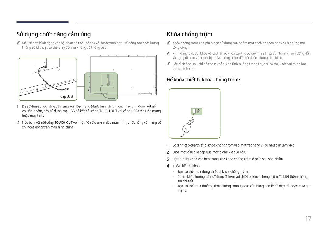 Samsung LH75QBHRTBC/XV manual Sử dụng chức năng cảm ứng, Khóa chống trộm, Để khóa thiết bị̣ khóa chống trộm 