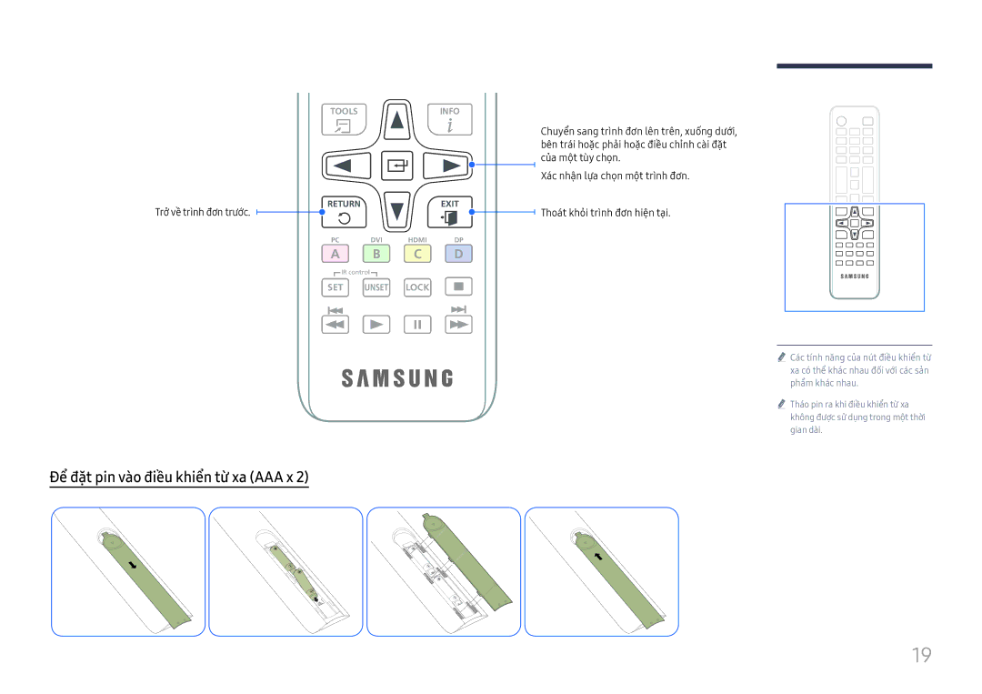 Samsung LH75QBHRTBC/XV manual Để đặ̣t pin và̀o điều khiển từ xa AAA x, Trở̉ về̀ trinh đơn trướ́c 