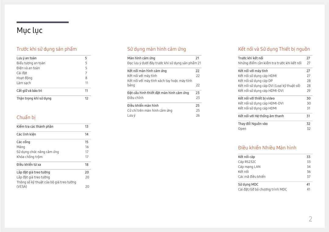 Samsung LH75QBHRTBC/XV manual Mục lục 