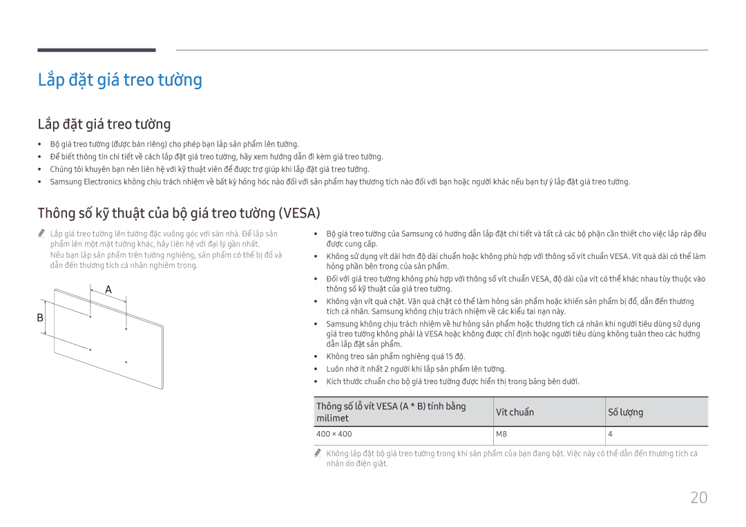 Samsung LH75QBHRTBC/XV manual Lắp đặt gia treo tường, 400 × 