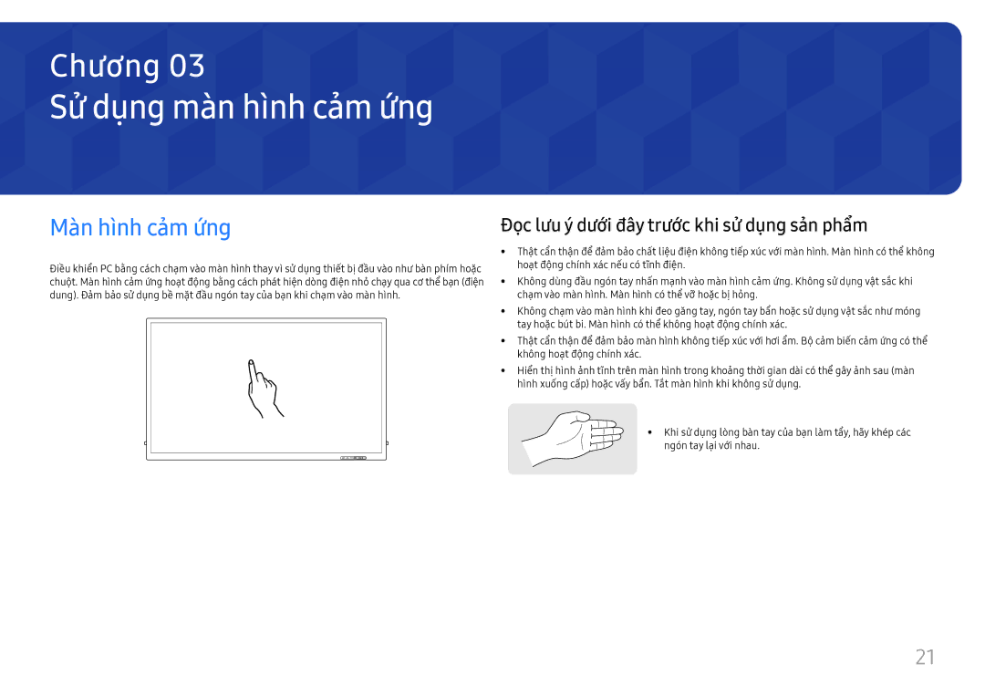 Samsung LH75QBHRTBC/XV manual Sử dụng mà̀n hình cảm ứng, Mà̀n hình cảm ứng, Đọc lưu ý́ dưới đây trước khi sử dụng sản phẩ̉m 