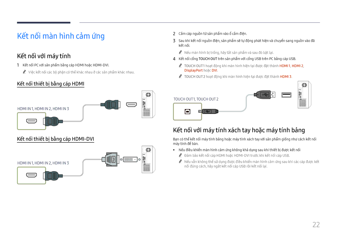 Samsung LH75QBHRTBC/XV manual Kết nối mà̀n hình cảm ứng, Kêt nôi vơi may tính, Kết nối thiết bị̣ bằ̀ng cáp Hdmi 