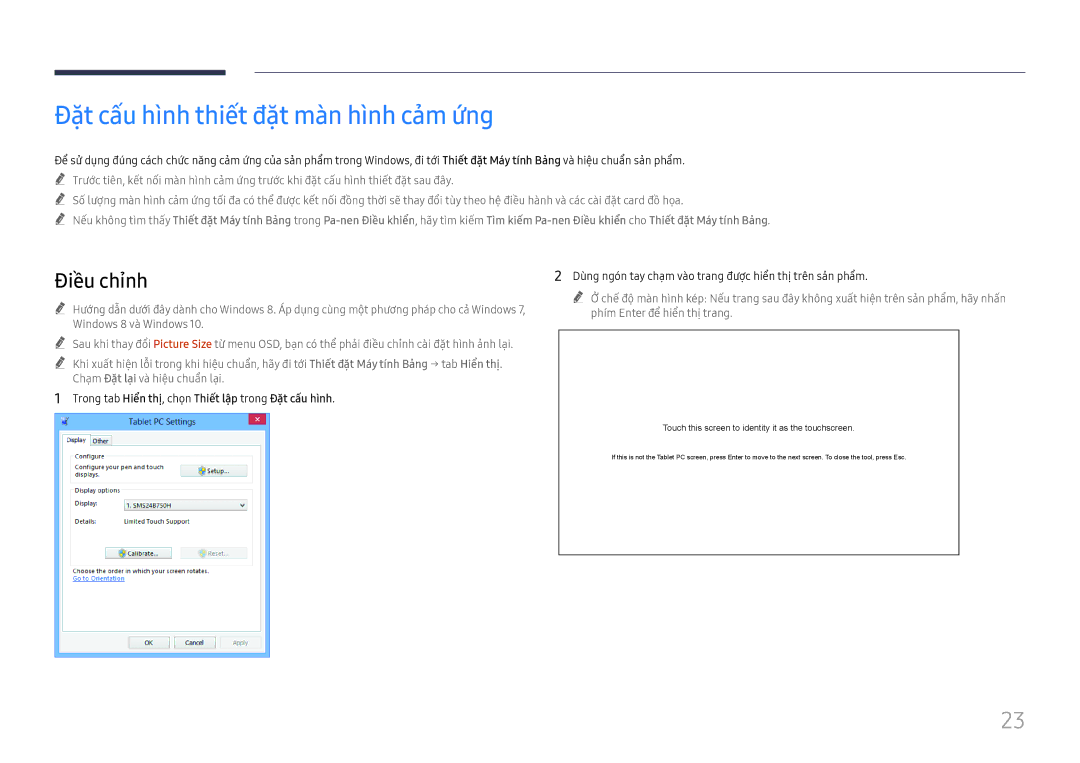 Samsung LH75QBHRTBC/XV manual Đặt cấu hình thiết đặt màn hình cảm ứng, Điều chỉnh 