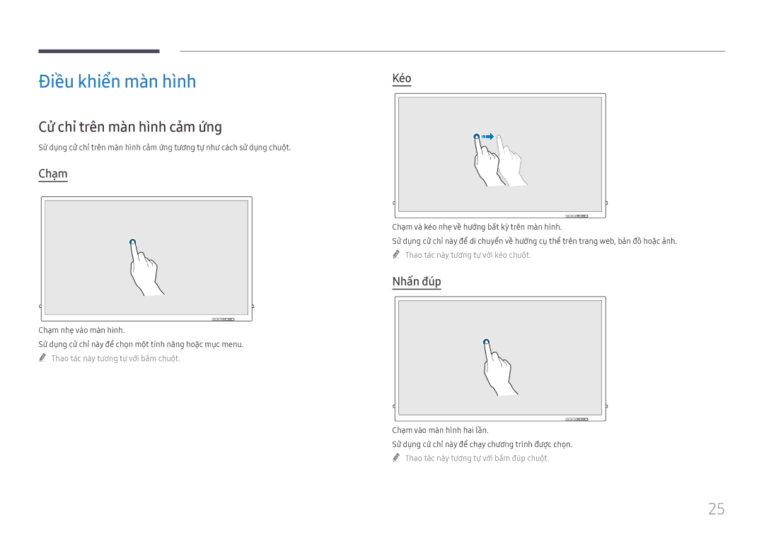 Samsung LH75QBHRTBC/XV manual Điều khiển mà̀n hình, Cử chỉ̉ trên mà̀n hình cảm ứng, Chạ̣m, Ké́o, Nhấn đú́p 