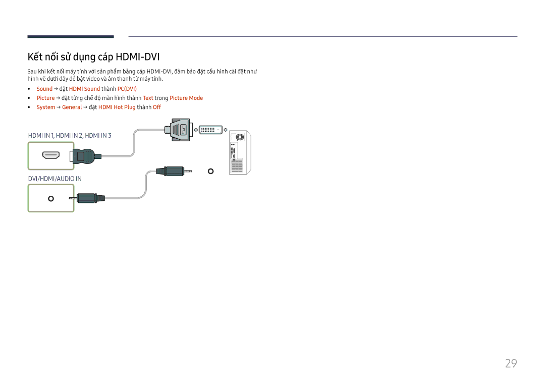 Samsung LH75QBHRTBC/XV manual Kết nối sử dụng cáp HDMI-DVI, Sound → đặ̣t Hdmi Sound thà̀nh Pcdvi 