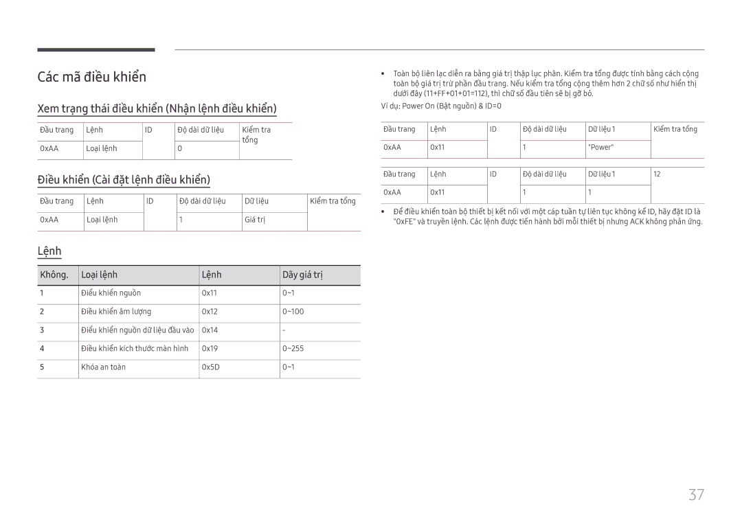 Samsung LH75QBHRTBC/XV manual Các mã điều khiển, Xem trạ̣ng thái điều khiển Nhận lệnh điều khiển, Lênh 