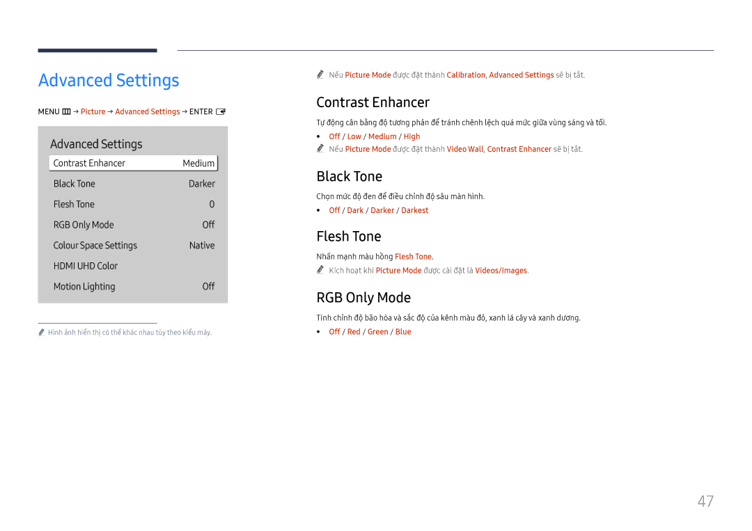 Samsung LH75QBHRTBC/XV manual Advanced Settings, Contrast Enhancer, Black Tone, Flesh Tone, RGB Only Mode 