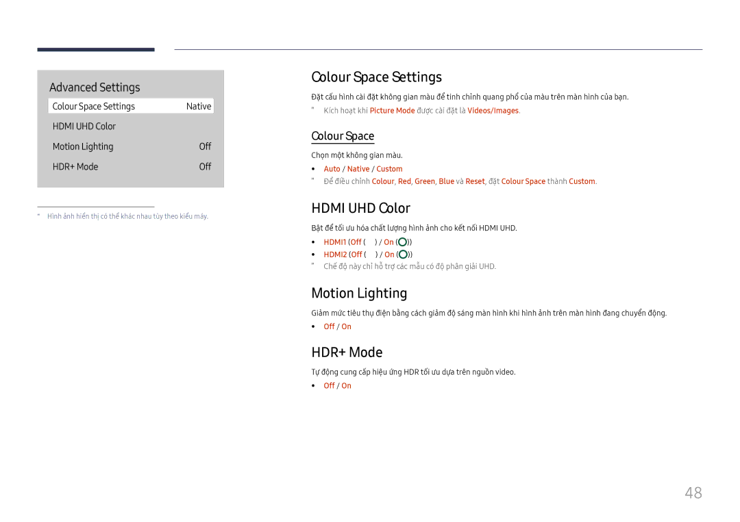 Samsung LH75QBHRTBC/XV manual Colour Space Settings, Hdmi UHD Color, Motion Lighting, HDR+ Mode 