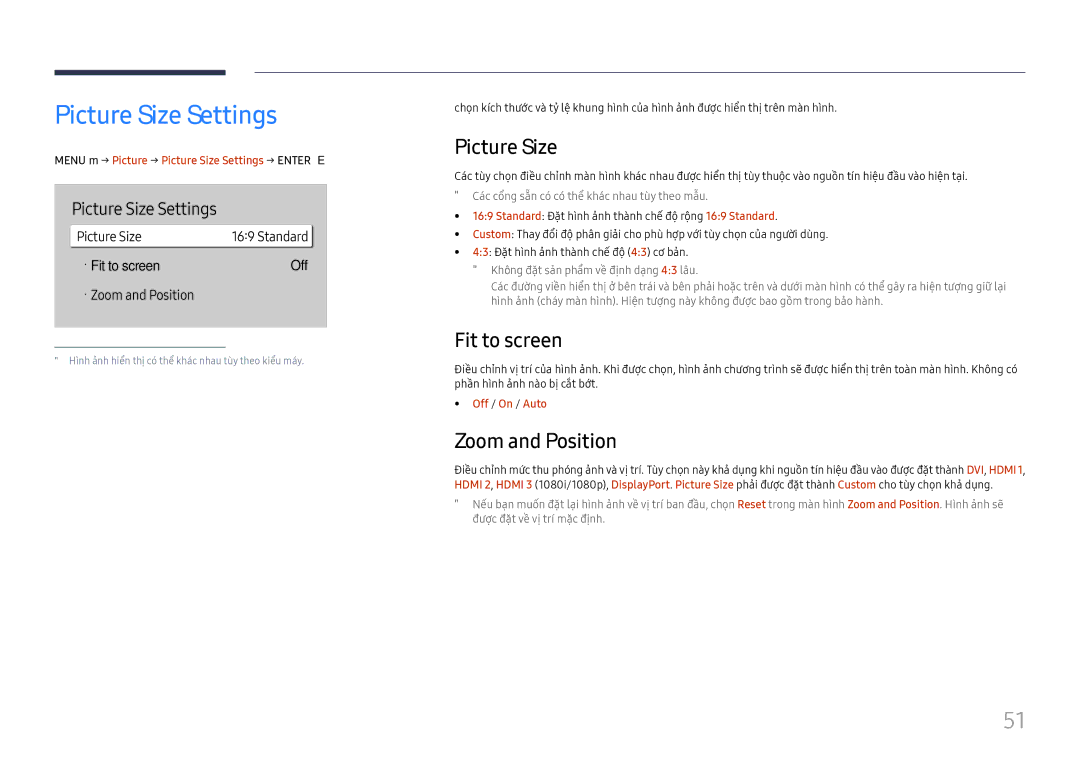 Samsung LH75QBHRTBC/XV manual Picture Size Settings, Fit to screen, Zoom and Position 