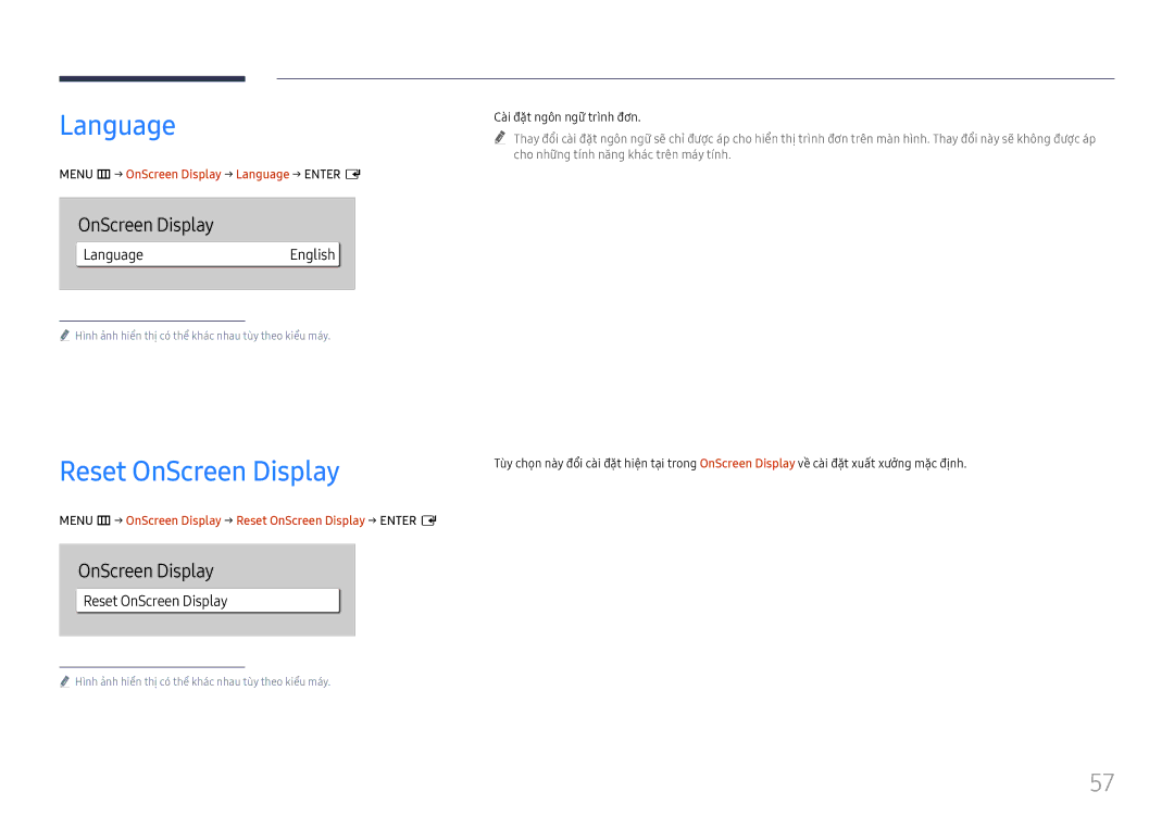 Samsung LH75QBHRTBC/XV manual Reset OnScreen Display, Menu m→ OnScreen Display → Language → Enter E 